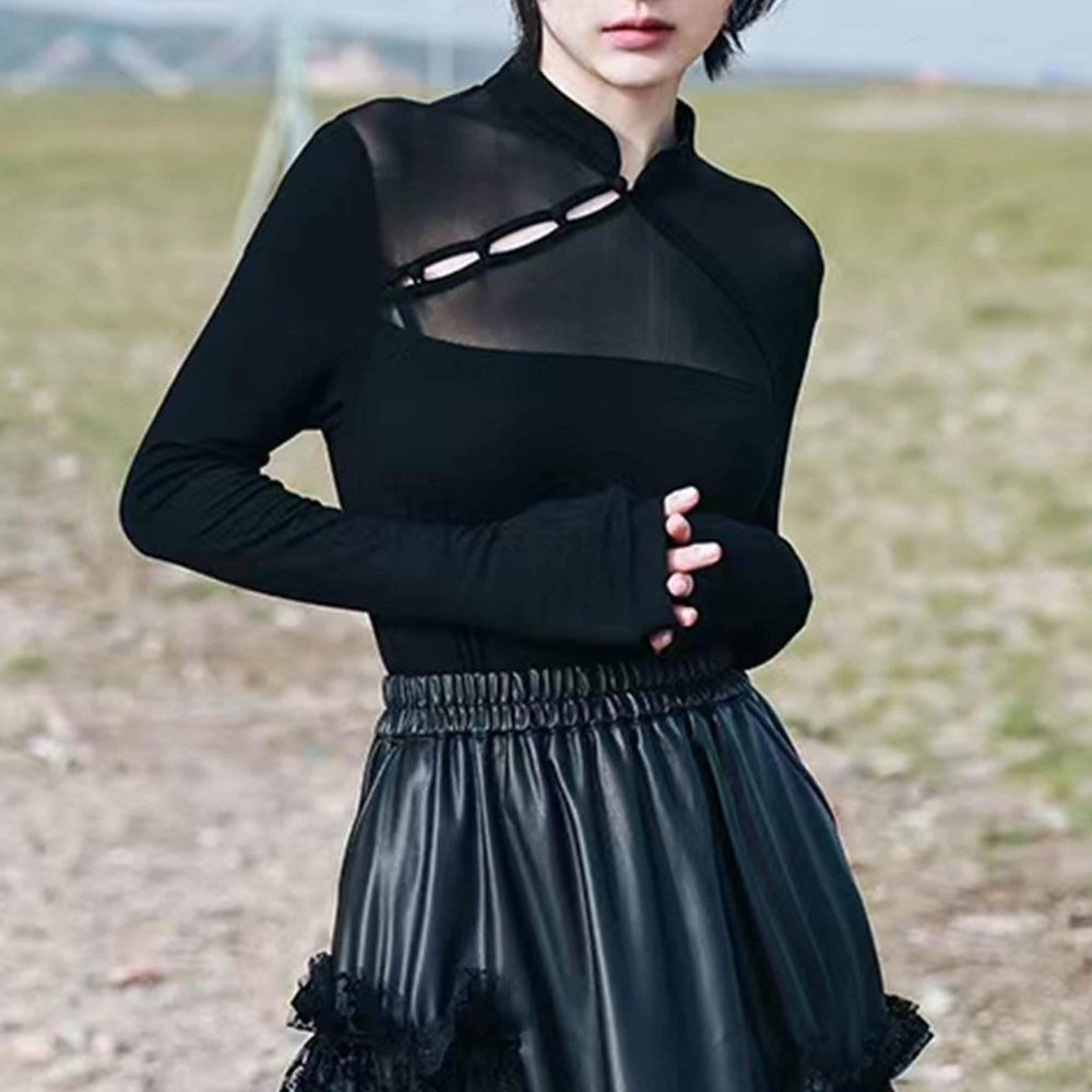 Tight Fit Jersey  style top Hollow out cut black tight fit t shirt long sleeves